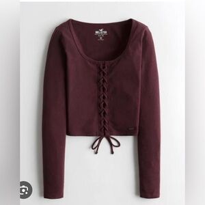 Hollister Women's Maroon Lace-Up Long Sleeve Top Size XS Baby Tee